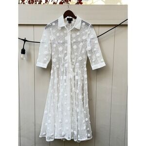 GRACIA White 3/4 Sleeve Button Front Mesh Dot Midi Dress Size M